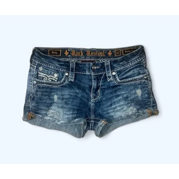Rock Revival Jeans "Betty" Sequins Leather Inserts Easy Shorts 27
